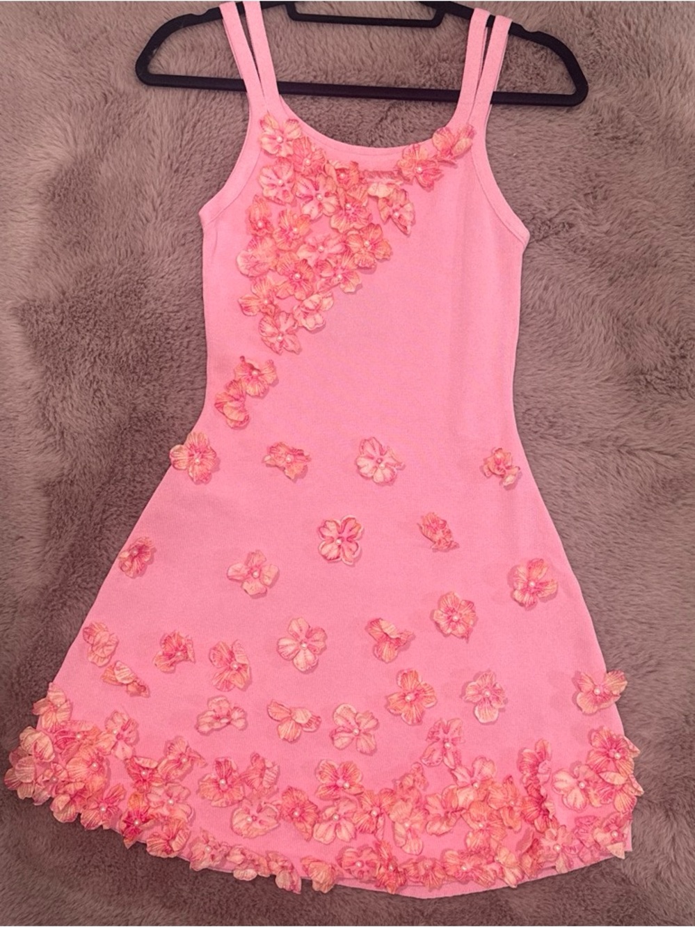 Pink Floral Appliqué Mini Dress — 3D Flower Detail — Size Medium — NWT